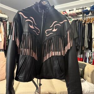 Unik Black Leather Jacket with Pink Fringe